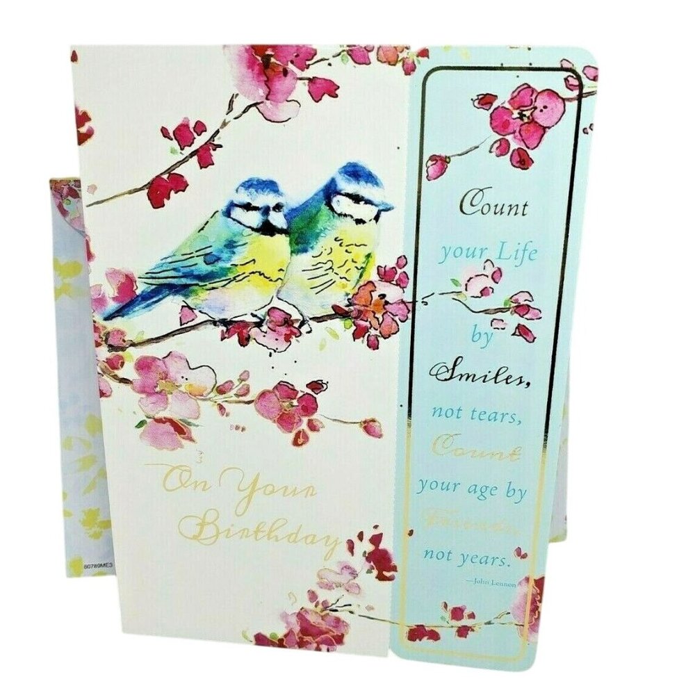 New Beginnings Birthday Card – 2 Blue Birds & Pink Floral Design with Matching E